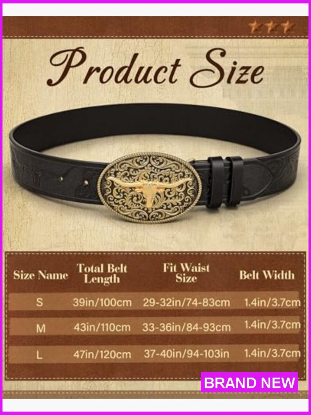 Vintage Western Cowgirl Belt PU Leather Bull Buckle Adjustable 9 Holes - Picture 3 of 7